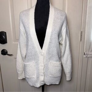 OHI Vintage Cream Ivory Deep V-Neck Button Cardigan Sz Medium Relaxed Fit